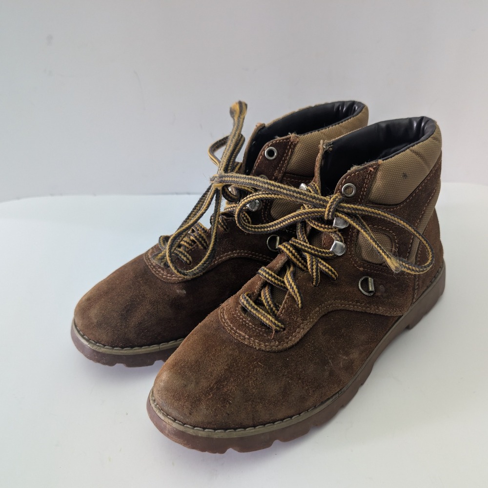 Womens Brown Suede Canvas Lace Up Hiking Ankle Boots Lug Sole Shoes Size 5